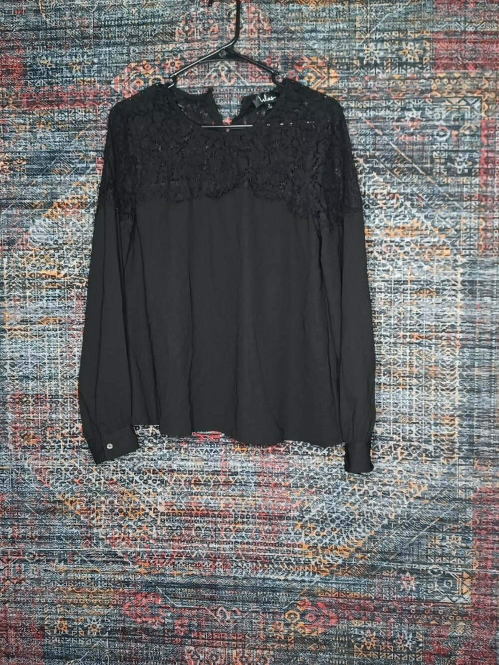 lulus womens solid black lace trim reverse henley lightweight top S EUC